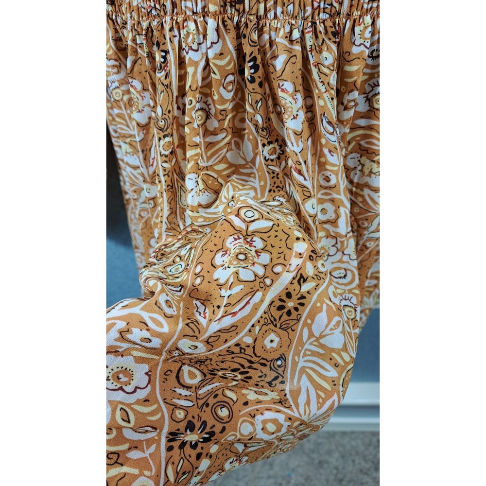 Melloday Blouse Women XL 40" Smocked Floral Peasant Elastic Sleeves Gold Sheer - Picture 7 of 15